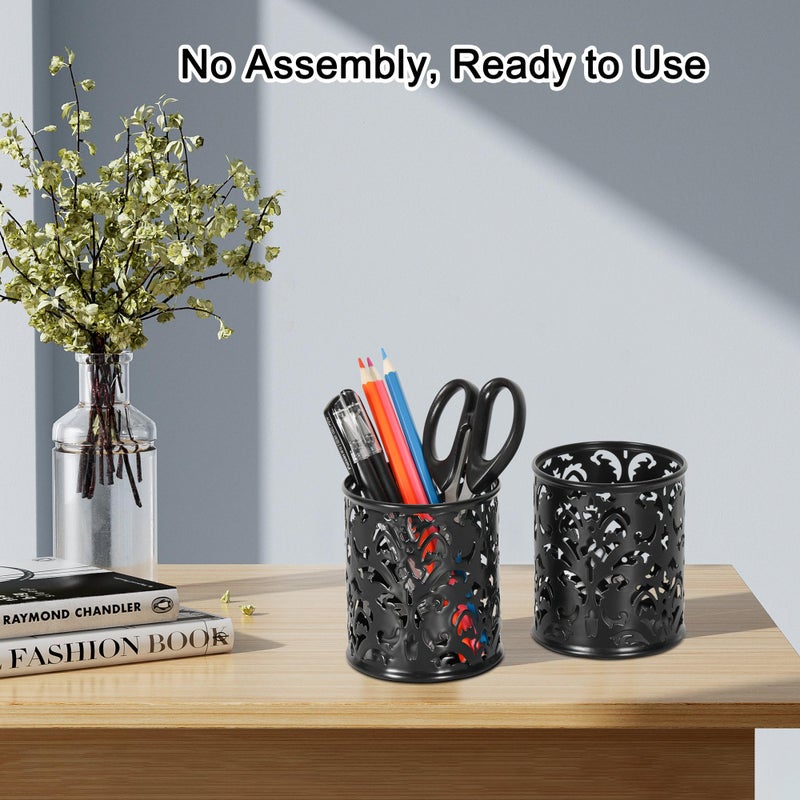 EasyPAG Black Pen Holder for Desk, 2 Pack Round Pen Organizer, Brush Holder for Vanity, Metal Pencil Cup Organizer for Home, Office, Classroom, School - Image 4